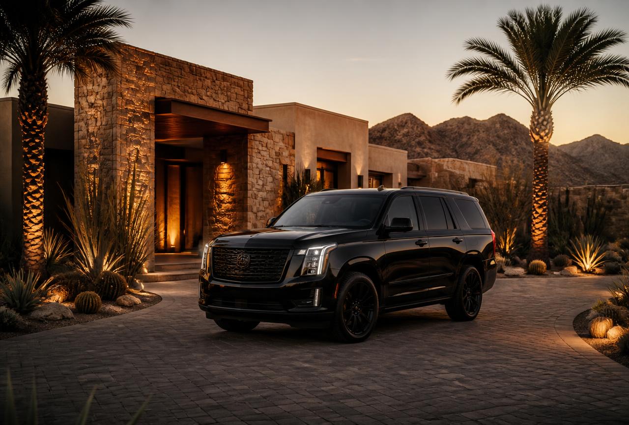 Black full-size luxury SUV waiting in the driveway of a desert villa at golden hour