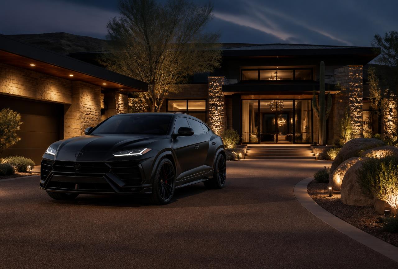 A black exotic performance SUV staged at the entrance for a milestone stay.